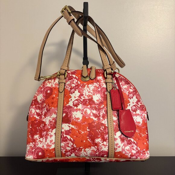 Coach Peyton Cora Pink Orange White Tan Leather Floral Dome Satchel - Picture 4 of 11